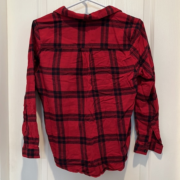 Herve Bernard tie front red and black plaid button down - Picture 2 of 3